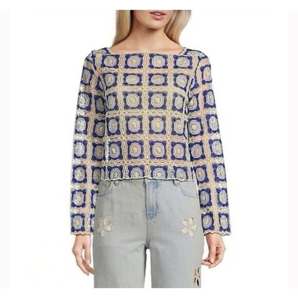 Chelsea & Violet Tops - Chelsea & Violet Bonnie Square Neck Crochet Top L Blue Cream Long Sleeve Boho